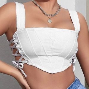 White lace up side denim cami / crop top